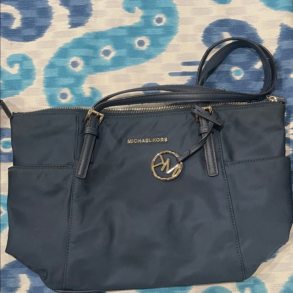 Michael Kors Dark Blue Shoulder Bag with Gold Accents